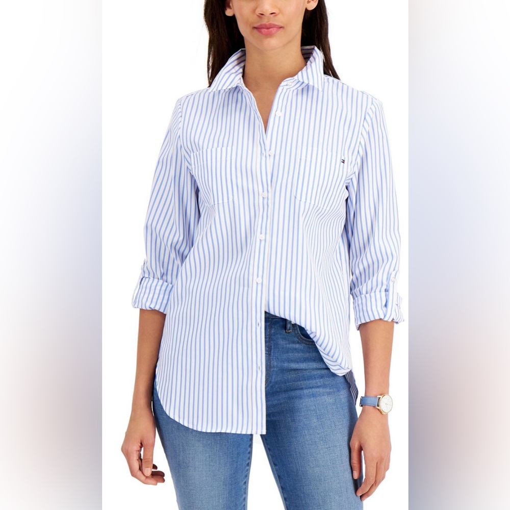 Tommy Hilfiger Women’s Cabana Striped Pleat-Back 100% Cotton Shirt XL - Picture 2 of 15